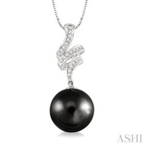10 MM Black Cultured Pearl and 1/8 ctw Round Cut Diamond Pendant in 14K White Gold with Chain