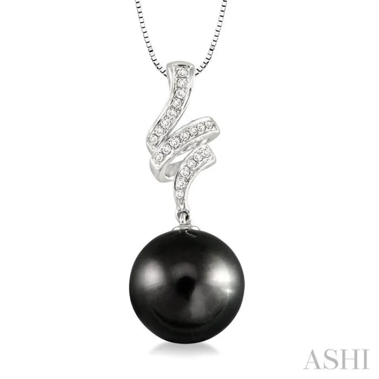 10 MM Black Cultured Pearl and 1/8 ctw Round Cut Diamond Pendant in 14K White Gold with Chain