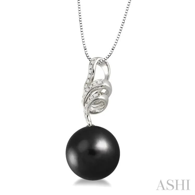 10 MM Black Cultured Pearl and 1/8 ctw Round Cut Diamond Pendant in 14K White Gold with Chain