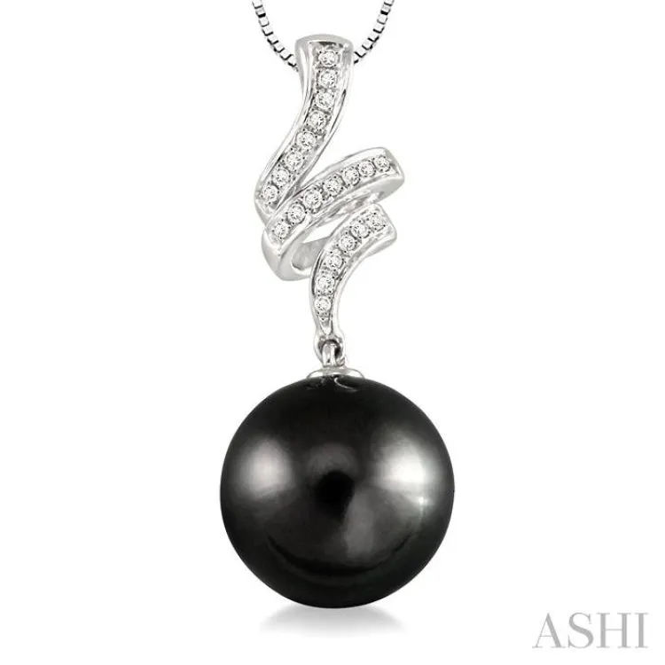 10 MM Black Cultured Pearl and 1/8 ctw Round Cut Diamond Pendant in 14K White Gold with Chain