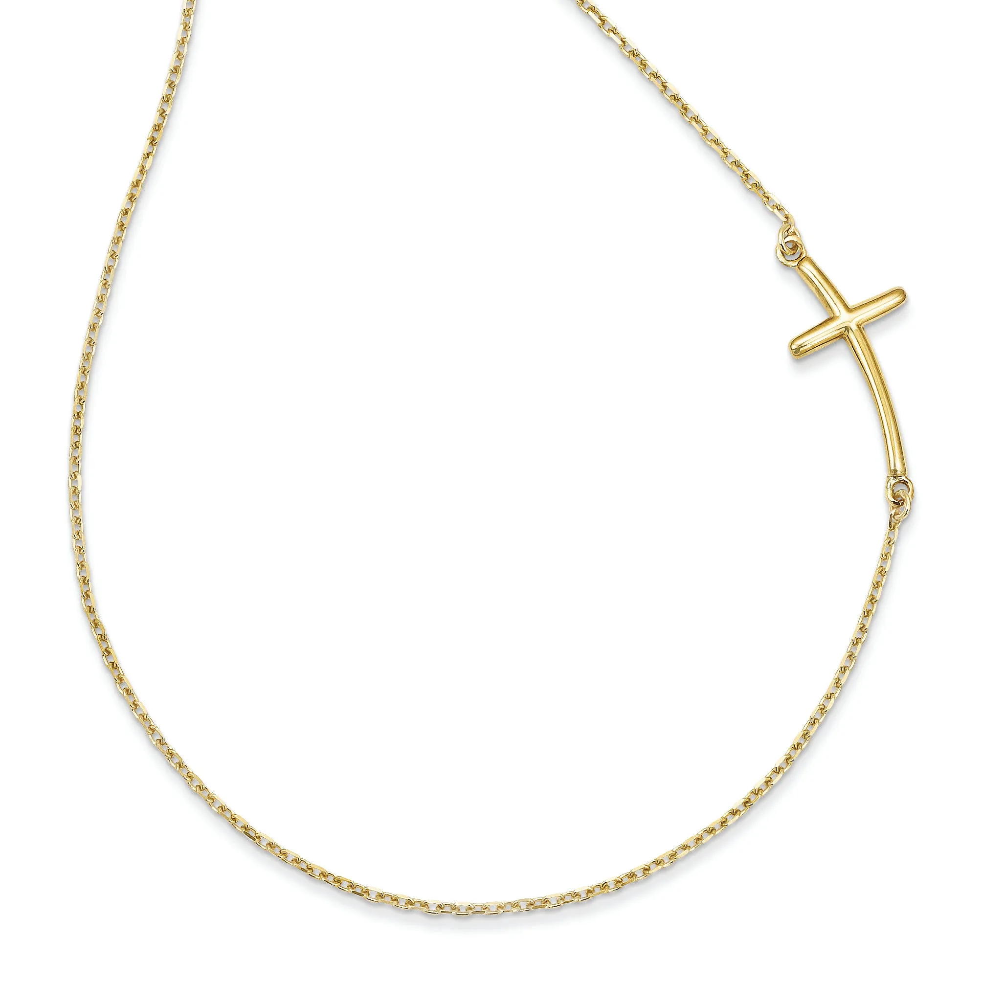 10K Gold Sideways Curved Cross Necklace with Polished Finish