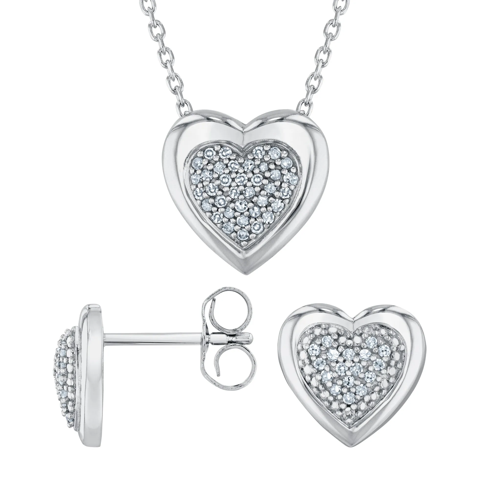 1/5ctw Diamond Multi-Top Heart Sterling Silver Stud Earring and Pendant Necklace Jewelry Set