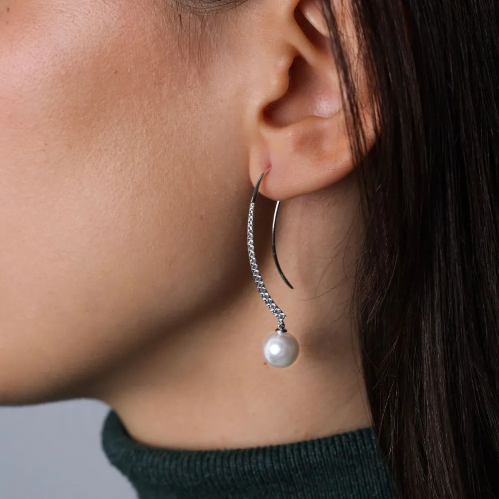 18ct White Gold Diamond Pave Curved Bar with Pearl Earrings