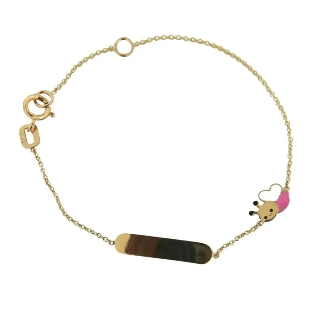 18K Solid Yellow Gold Pink and White Bumble Bee Id Bracelet