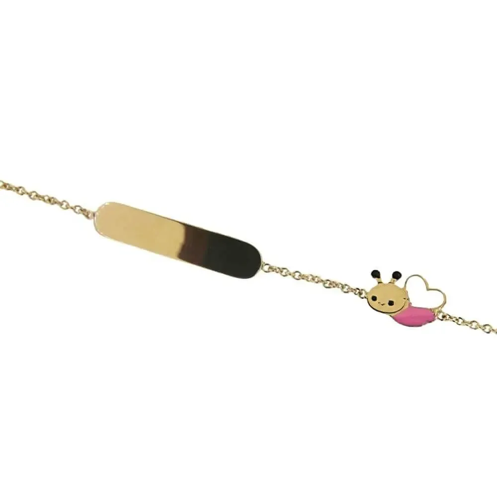 18K Solid Yellow Gold Pink and White Bumble Bee Id Bracelet