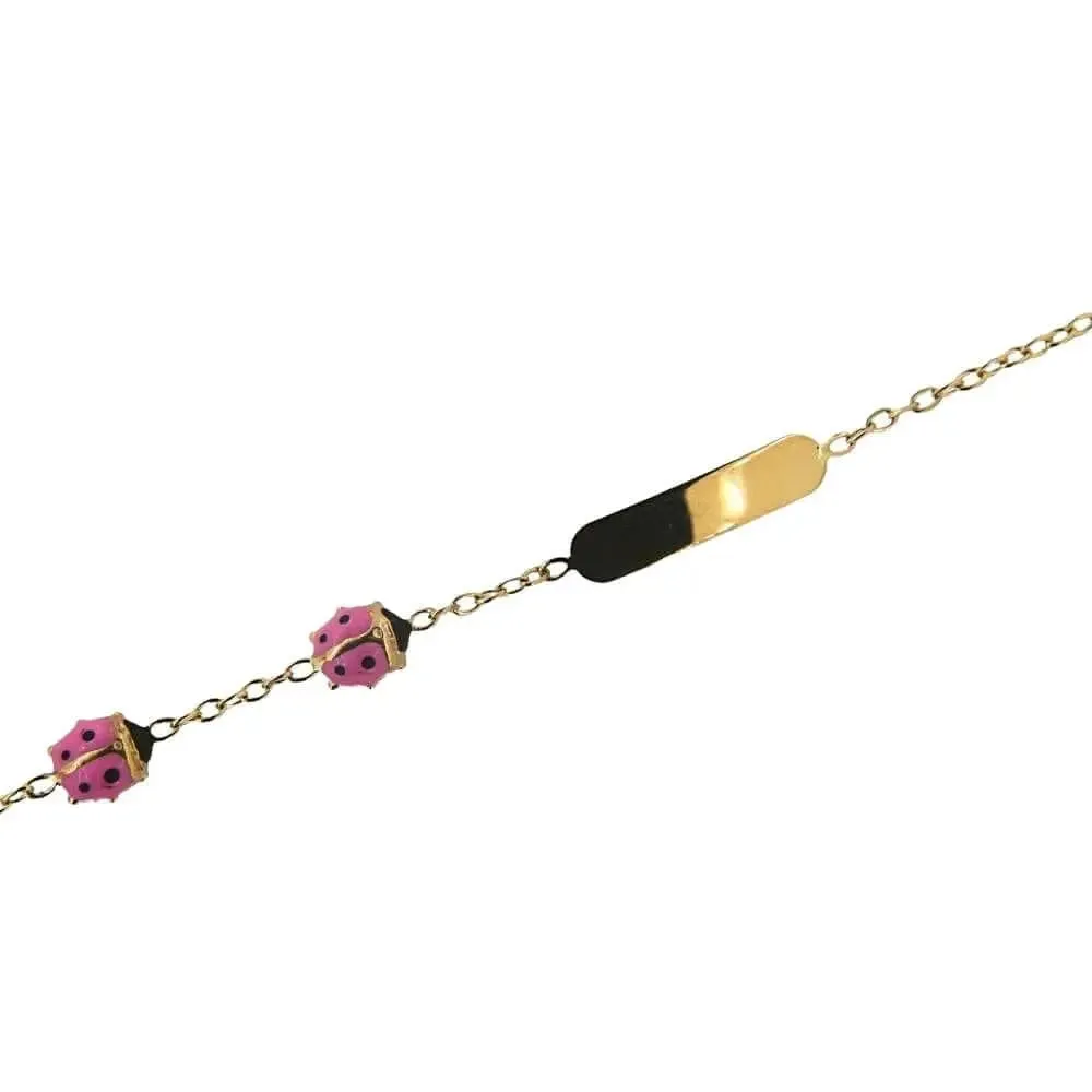 18K Solid Yellow Gold Pink Enamel Ladybug ID Bracelet