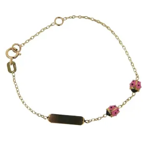 18K Solid Yellow Gold Pink Enamel Ladybug ID Bracelet