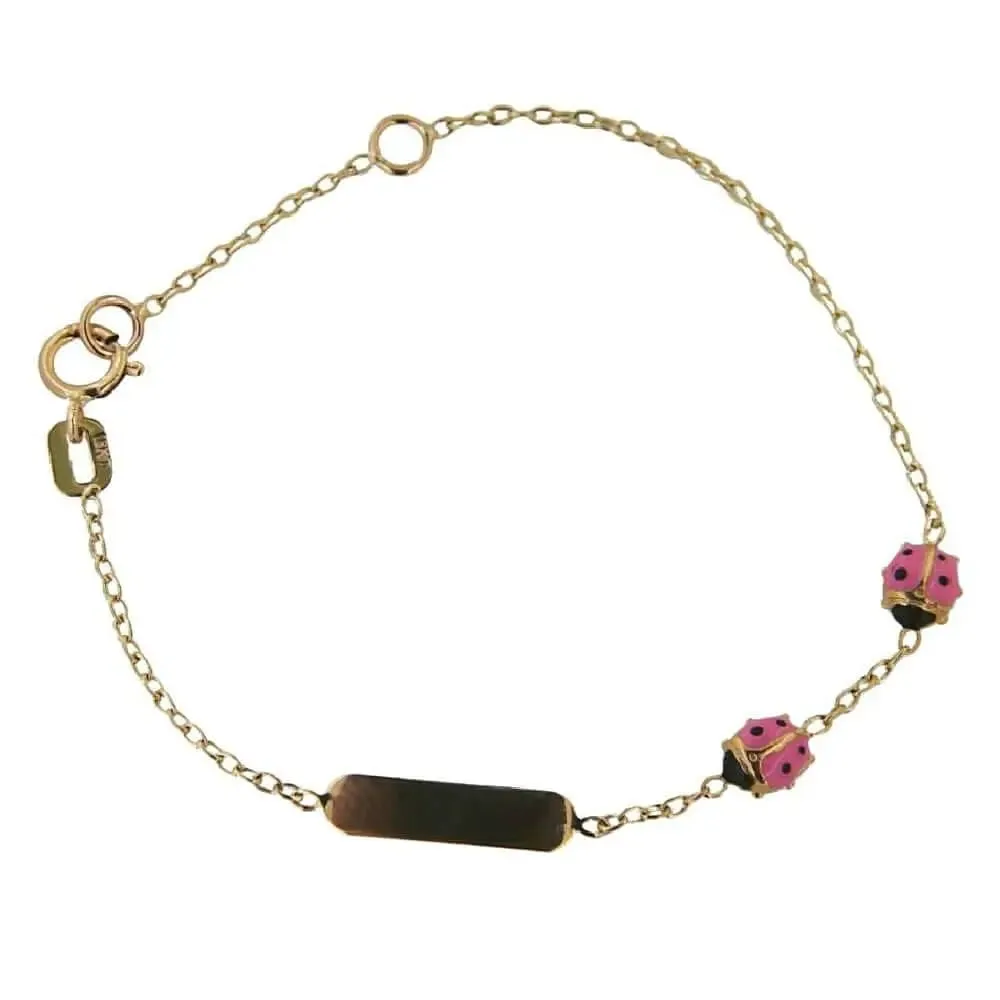 18K Solid Yellow Gold Pink Enamel Ladybug ID Bracelet