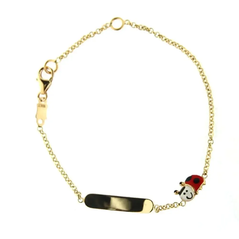 18K Yellow Gold Enamel Red and White Lady Bug ID Bracelet