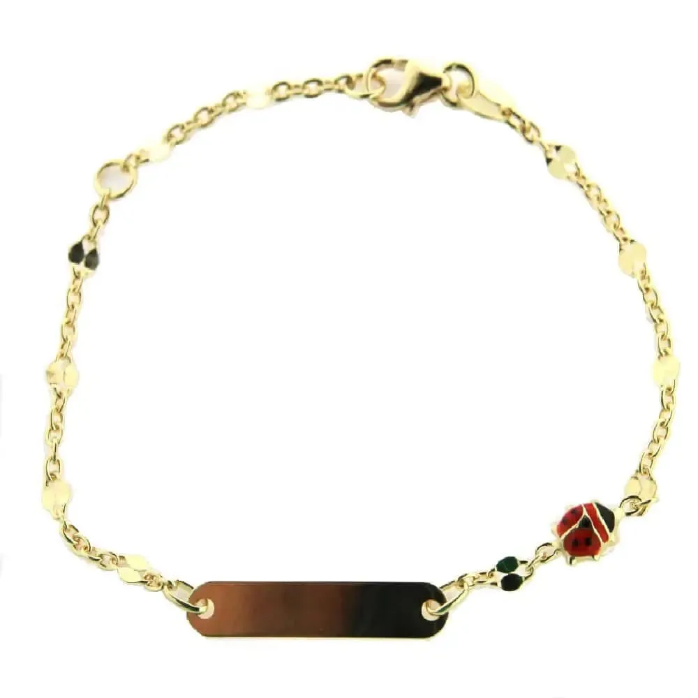 18K Yellow Gold Red Enamel Lady Bug ID Bracelet 6 inches