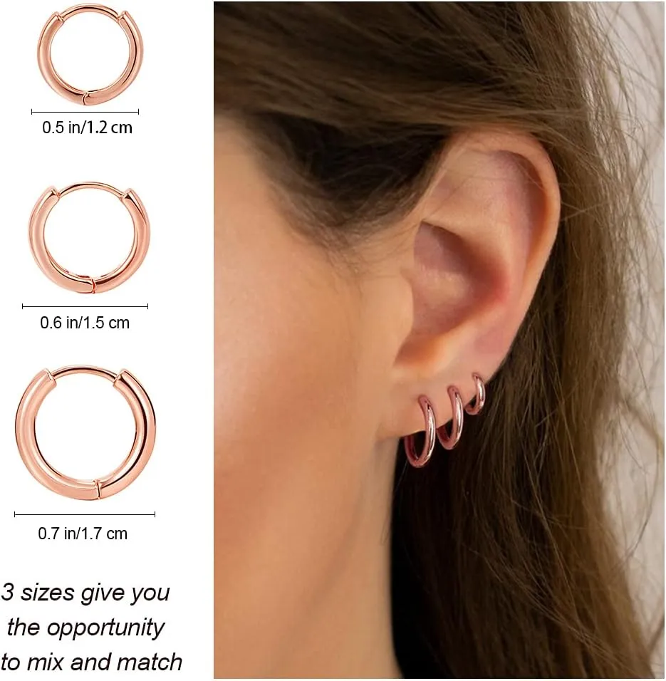 3 Pairs 14K Gold Plated Huggie Hoop Earrings for Women, Minimalist Gold Huggie Hoop Earrings, Simple 3 sizes Hoop Earrings for Women Men gift,gold silver rose gold and black