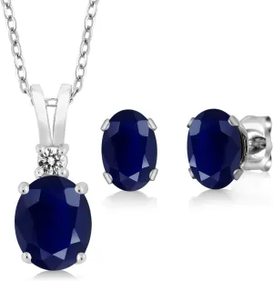 3.90 Cttw Oval Blue Sapphire and White Diamond Pendant and Earrings Jewelry Set For Women | 925 Sterling Silver | Oval 8X6MM 7X5MM and Round 2.5MM | Gemstone Birthstone | With 18 Inch Chain