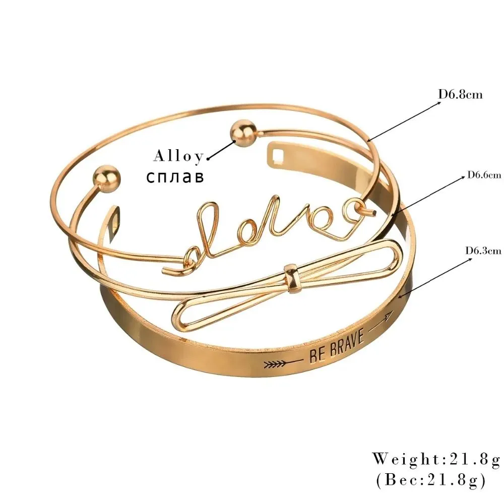 3pcs Cuff Wide Bracelets Bangles BE BRAVE Knot LOVE Bracelets