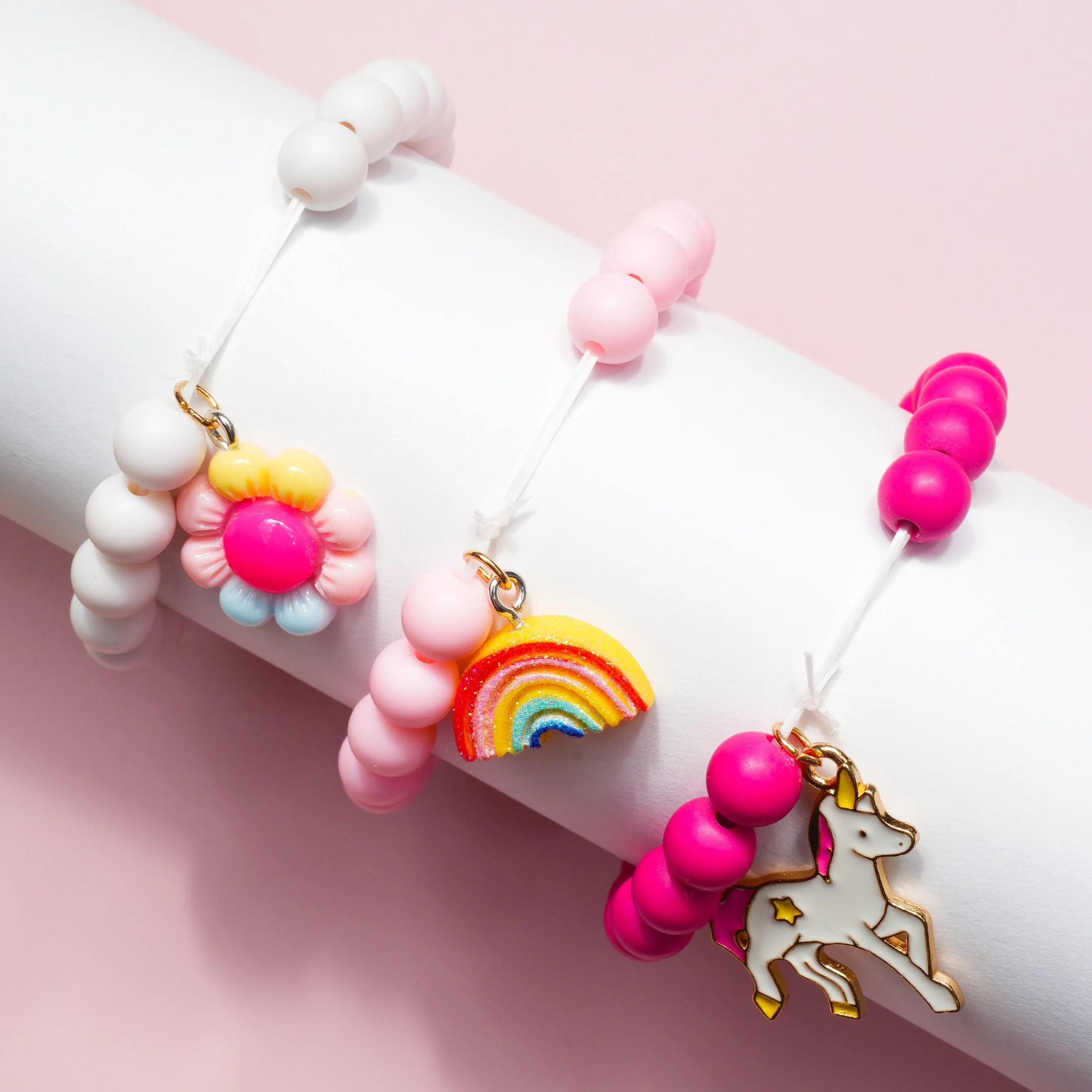 3pcs Girls Cute Cartoon Colorful Beaded Bracelets With Unicorn Rainbow Flower Pendant
