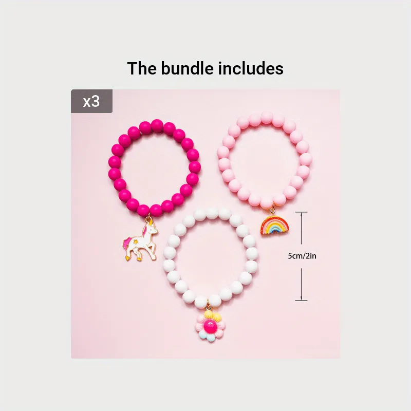 3pcs Girls Cute Cartoon Colorful Beaded Bracelets With Unicorn Rainbow Flower Pendant