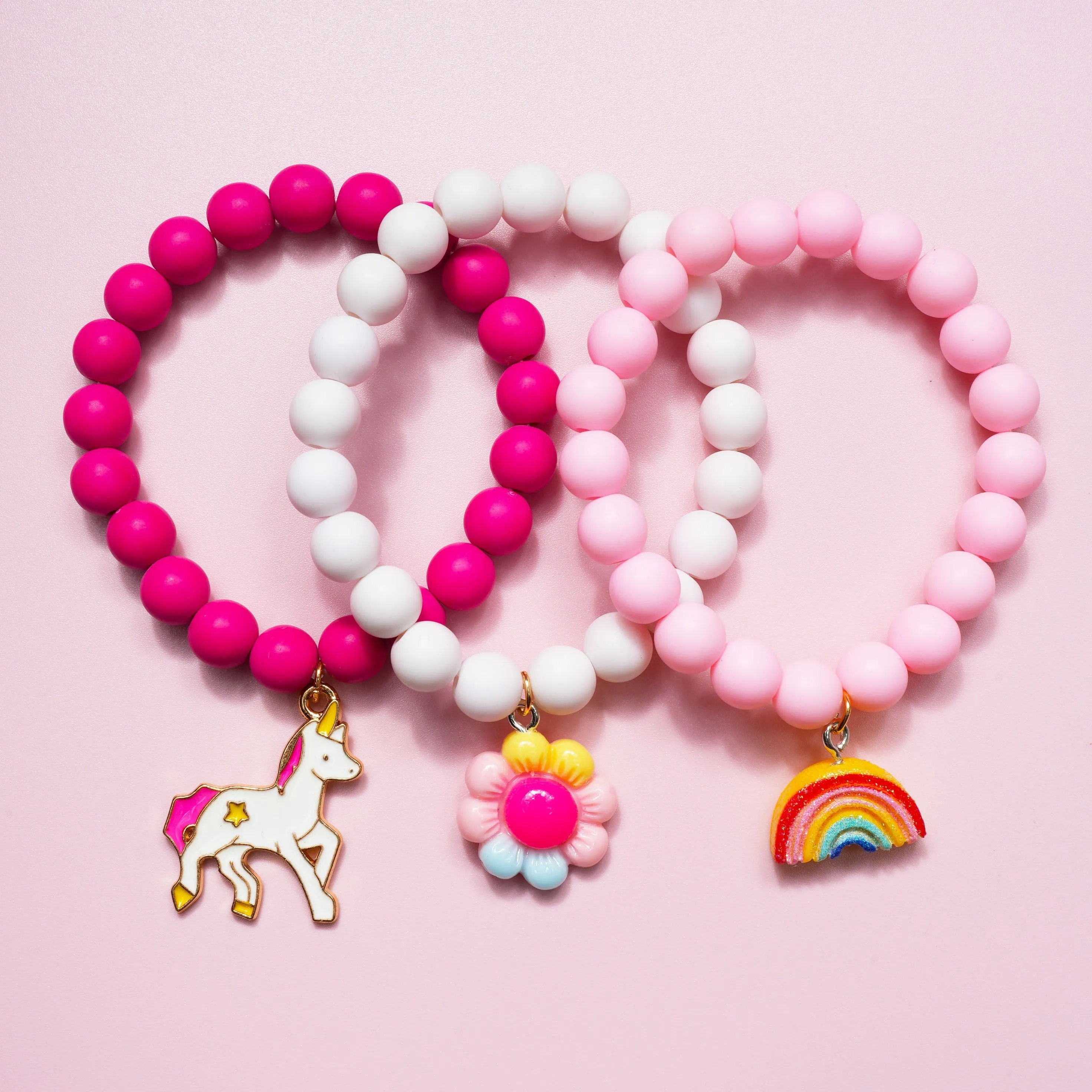 3pcs Girls Cute Cartoon Colorful Beaded Bracelets With Unicorn Rainbow Flower Pendant