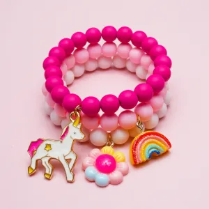 3pcs Girls Cute Cartoon Colorful Beaded Bracelets With Unicorn Rainbow Flower Pendant