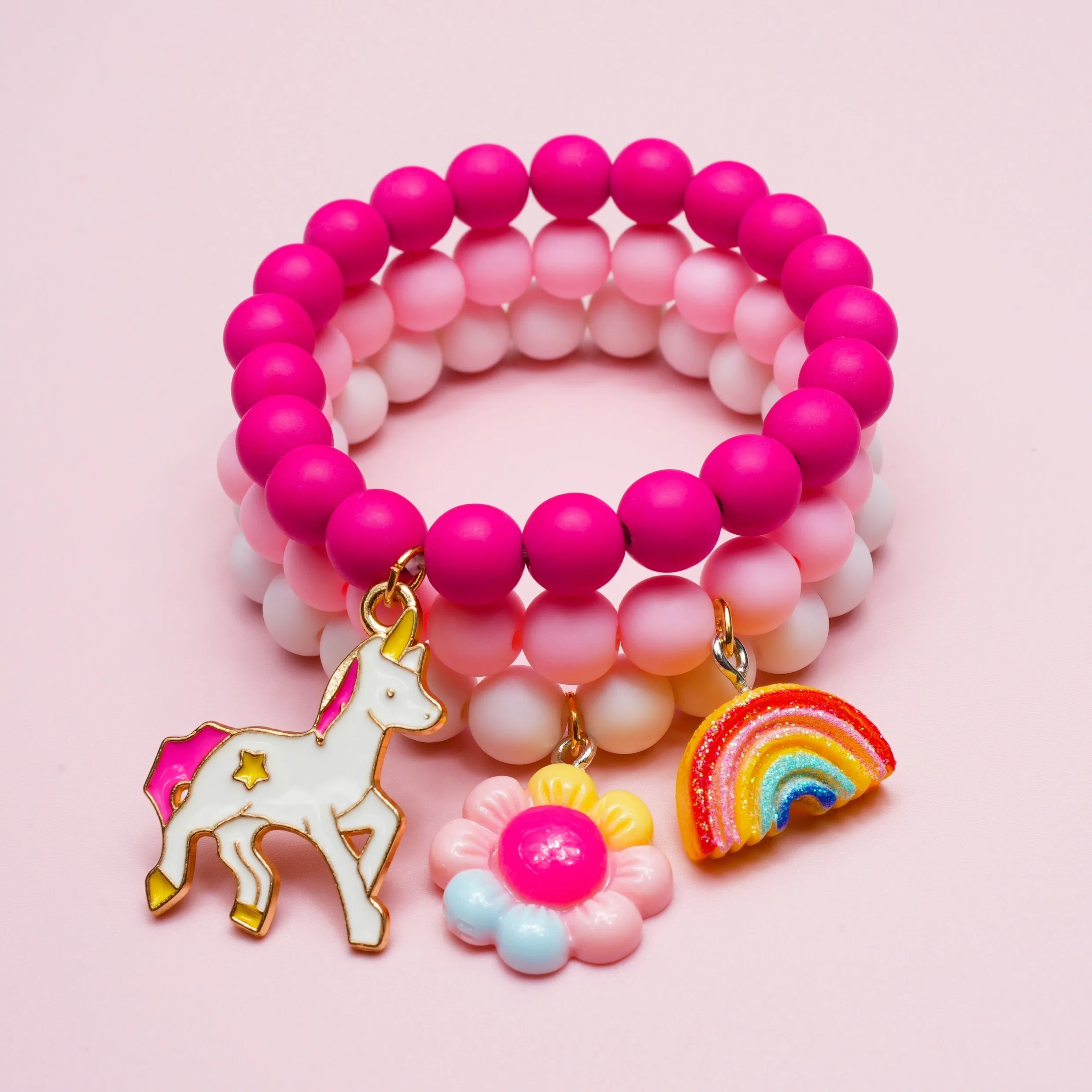 3pcs Girls Cute Cartoon Colorful Beaded Bracelets With Unicorn Rainbow Flower Pendant
