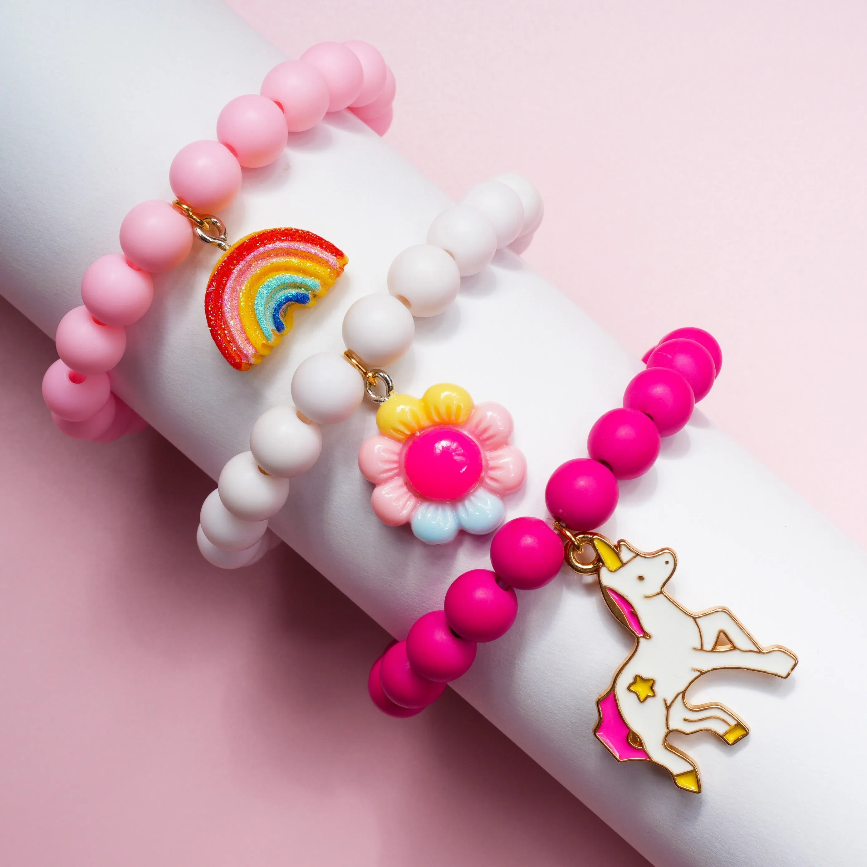 3pcs Girls Cute Cartoon Colorful Beaded Bracelets With Unicorn Rainbow Flower Pendant