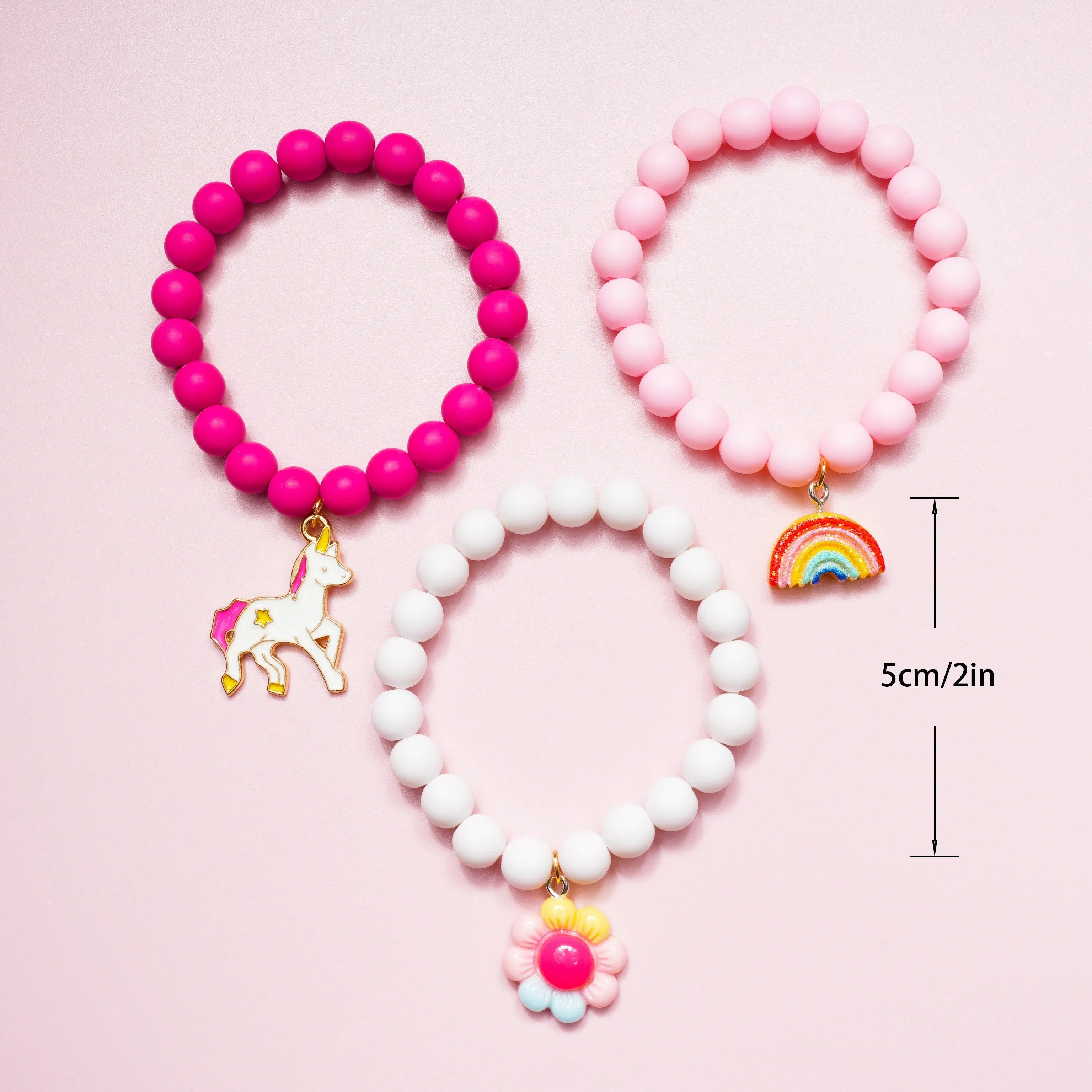 3pcs Girls Cute Cartoon Colorful Beaded Bracelets With Unicorn Rainbow Flower Pendant