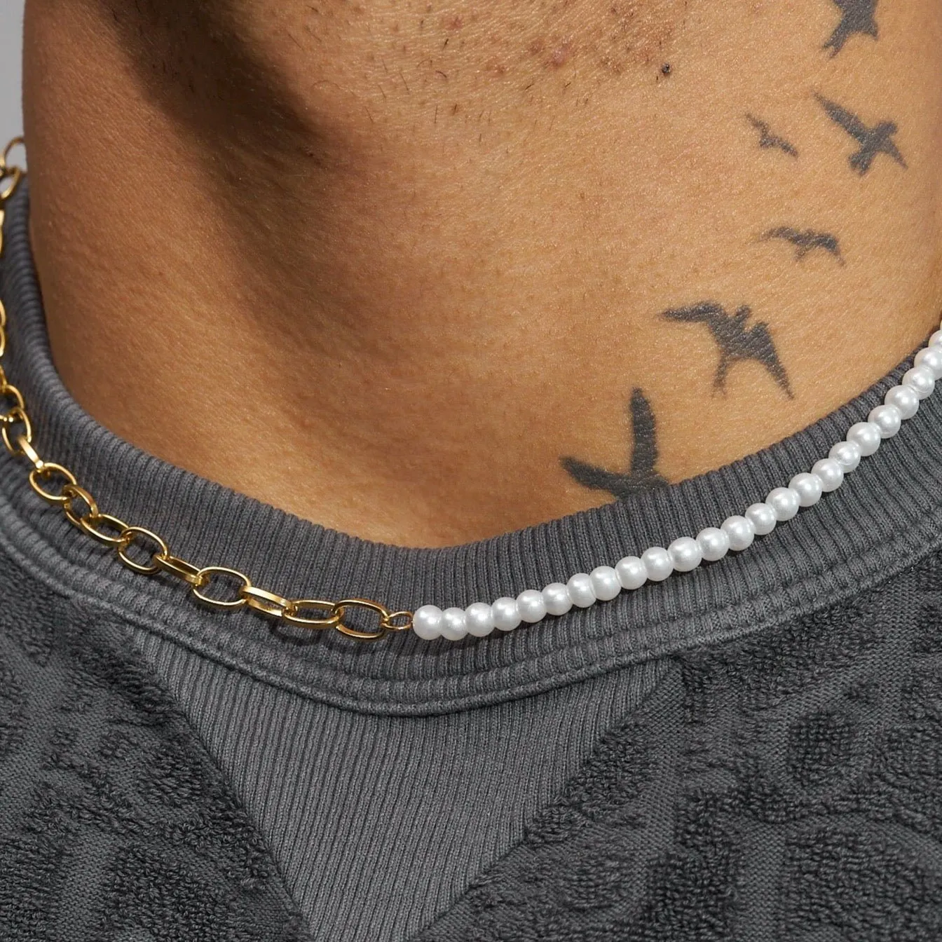 4mm Half Pearl & Large Rolo Necklace - Gold