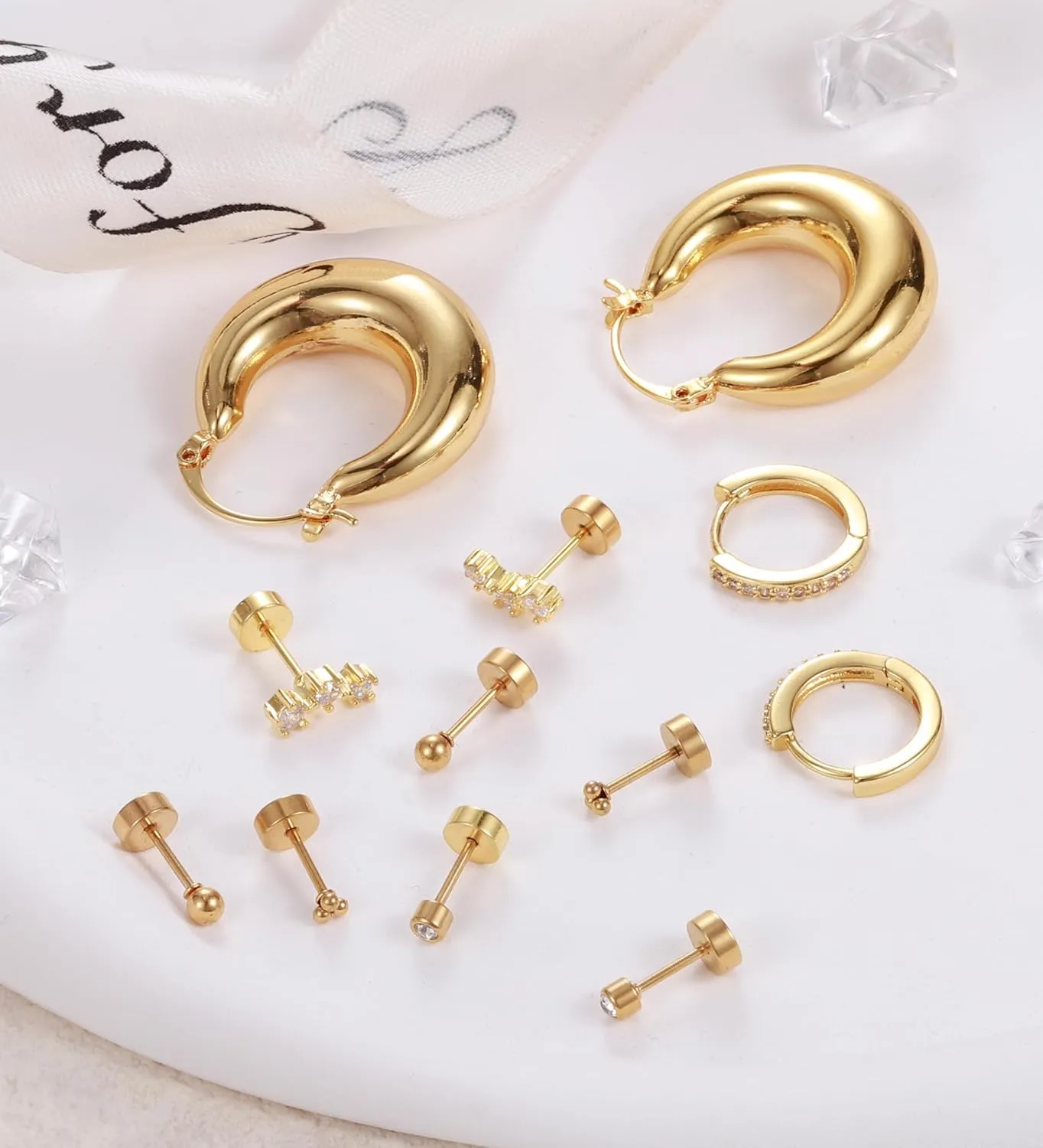 6-Pair Hypoallergenic Gold Hoop Earrings for Women  14K Gold-Plated Flat Back Studs Set for Sensitive Skin & Cartilage Piercings