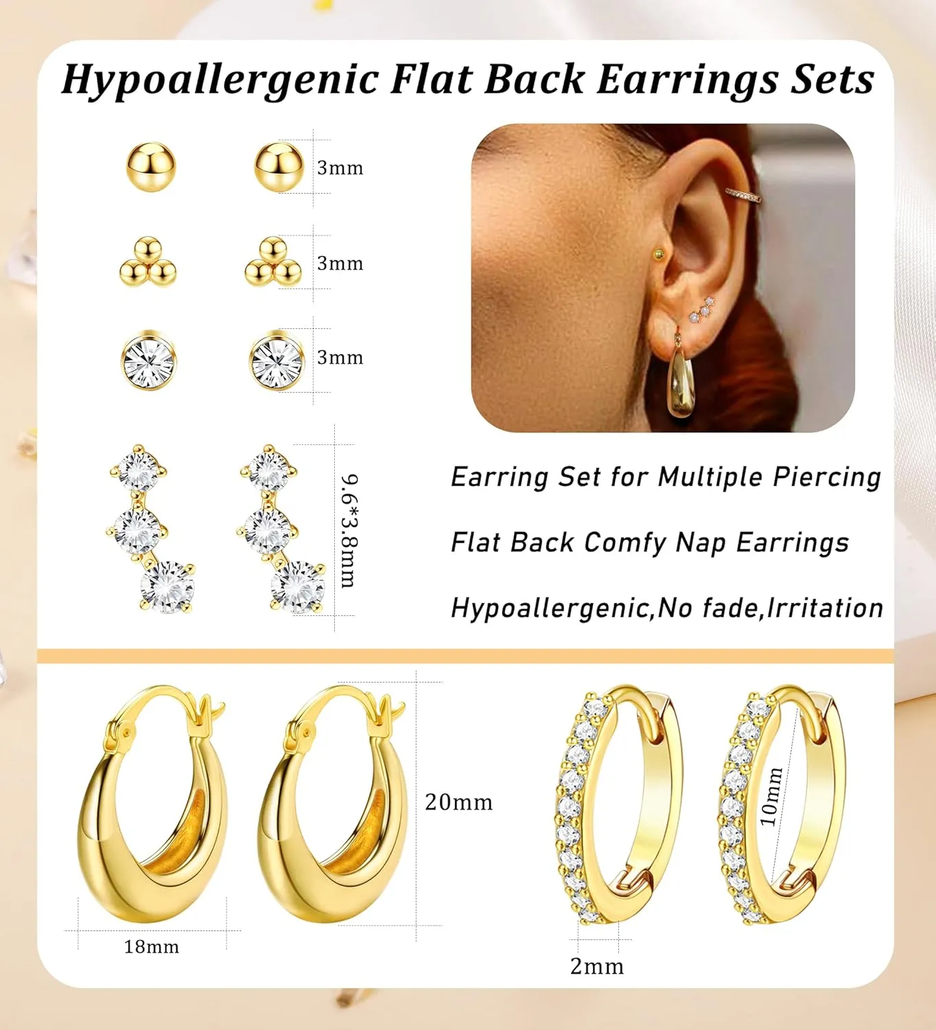 6-Pair Hypoallergenic Gold Hoop Earrings for Women  14K Gold-Plated Flat Back Studs Set for Sensitive Skin & Cartilage Piercings