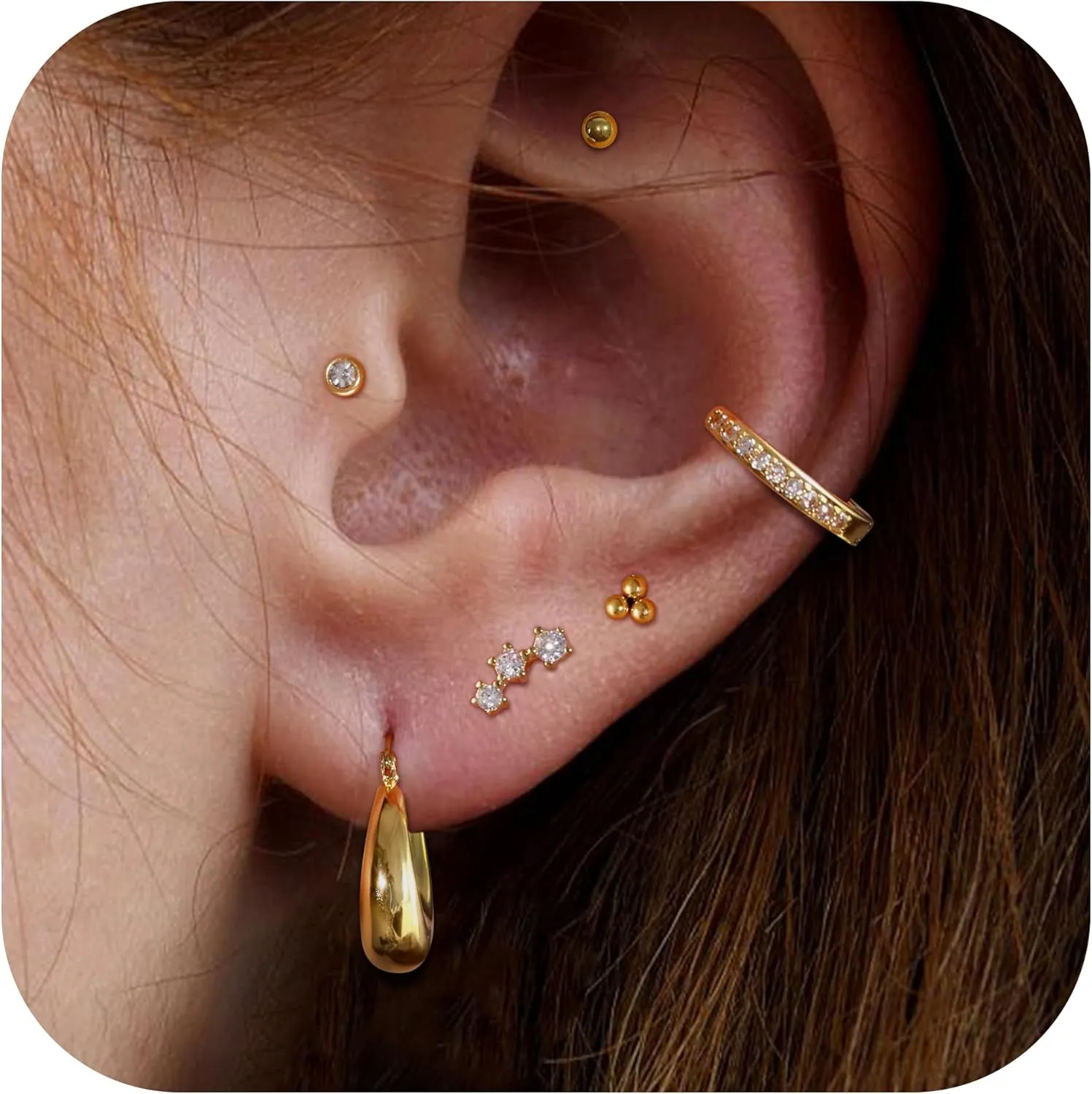 6-Pair Hypoallergenic Gold Hoop Earrings for Women  14K Gold-Plated Flat Back Studs Set for Sensitive Skin & Cartilage Piercings