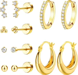 6-Pair Hypoallergenic Gold Hoop Earrings for Women  14K Gold-Plated Flat Back Studs Set for Sensitive Skin & Cartilage Piercings