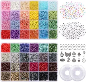 6480Pcs Glass Seed Beads 4Mm Bracelet Beads for Jewelry Making Kit, Small Waist Craft Beads, 260Pcs Alphabet Letter Beads with Elastic String Cords and Charms