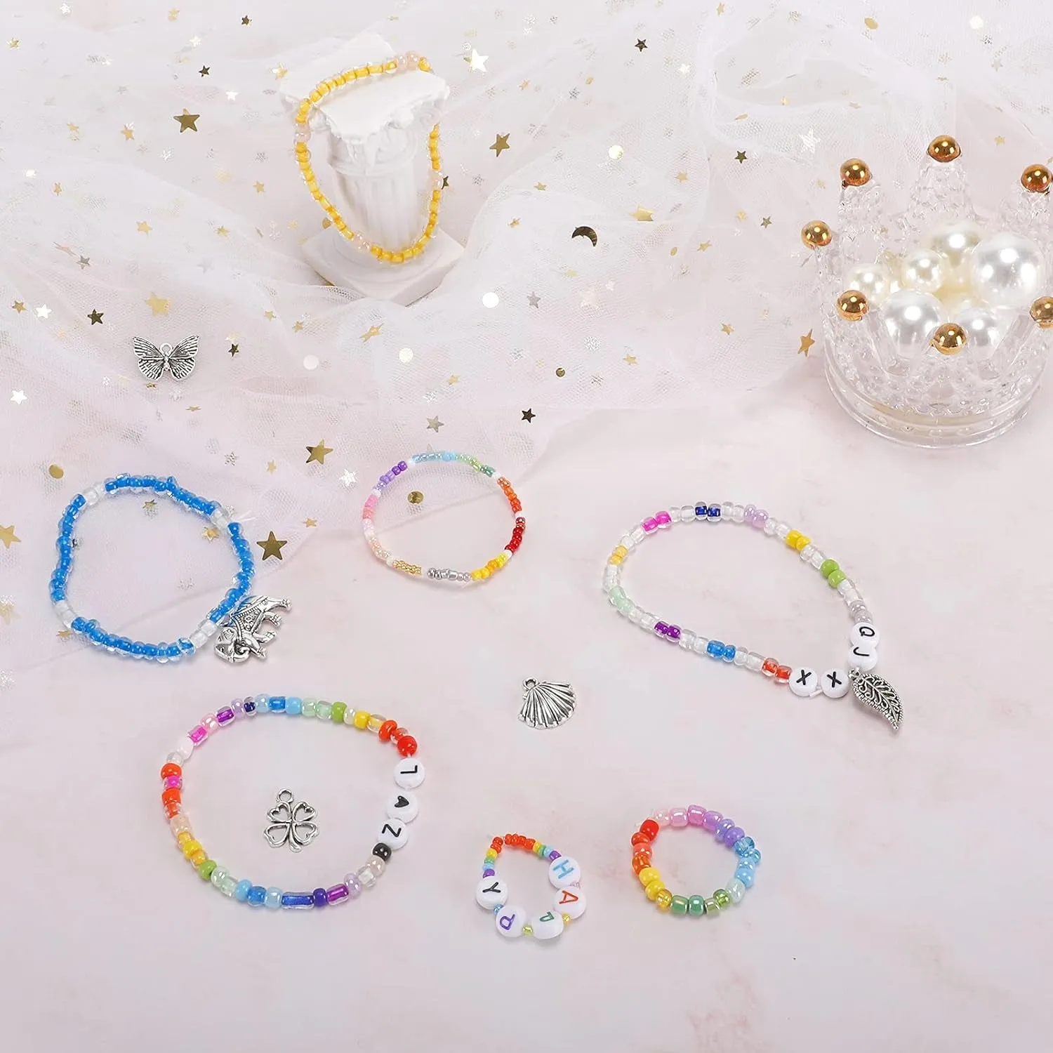 6480Pcs Glass Seed Beads 4Mm Bracelet Beads for Jewelry Making Kit, Small Waist Craft Beads, 260Pcs Alphabet Letter Beads with Elastic String Cords and Charms