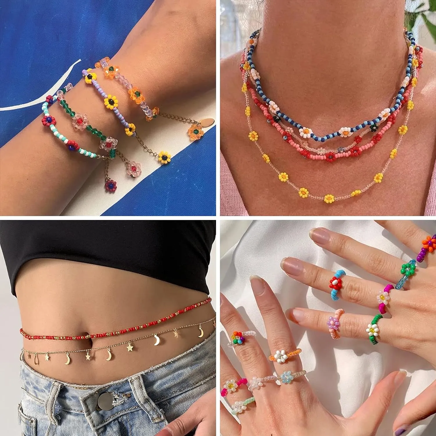 6480Pcs Glass Seed Beads 4Mm Bracelet Beads for Jewelry Making Kit, Small Waist Craft Beads, 260Pcs Alphabet Letter Beads with Elastic String Cords and Charms