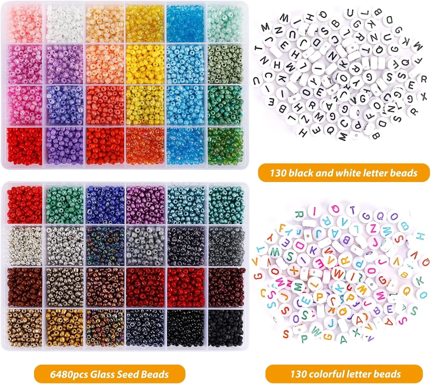 6480Pcs Glass Seed Beads 4Mm Bracelet Beads for Jewelry Making Kit, Small Waist Craft Beads, 260Pcs Alphabet Letter Beads with Elastic String Cords and Charms