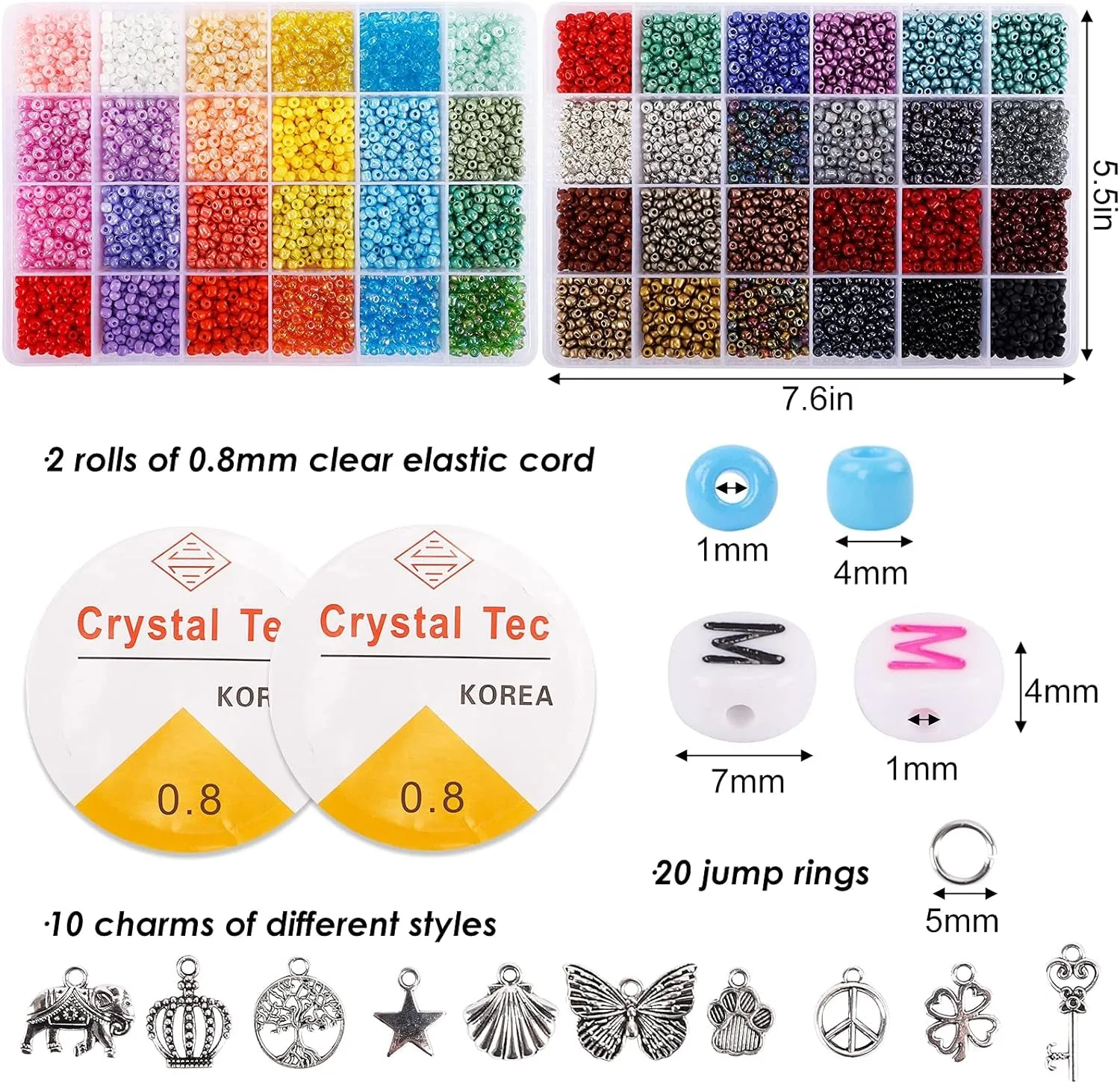 6480Pcs Glass Seed Beads 4Mm Bracelet Beads for Jewelry Making Kit, Small Waist Craft Beads, 260Pcs Alphabet Letter Beads with Elastic String Cords and Charms
