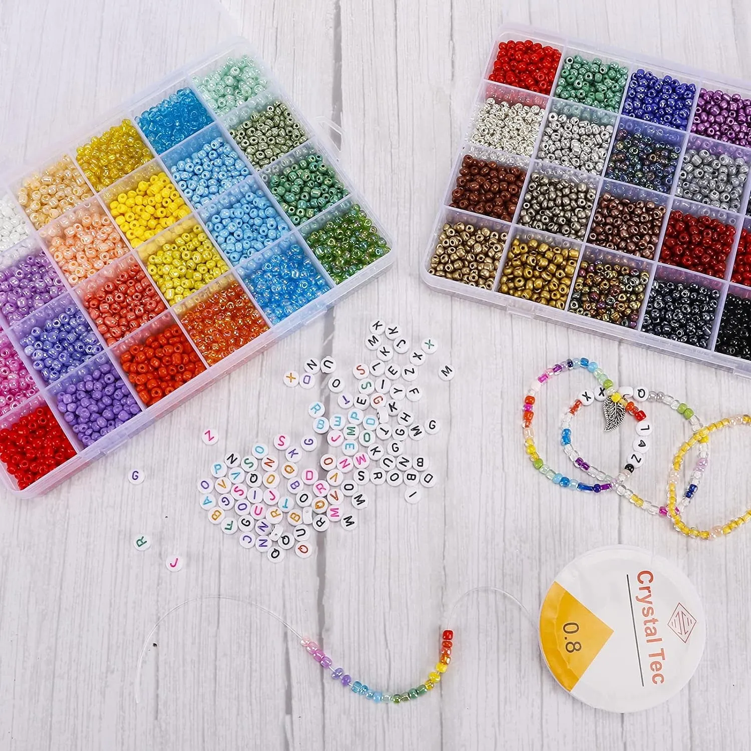 6480Pcs Glass Seed Beads 4Mm Bracelet Beads for Jewelry Making Kit, Small Waist Craft Beads, 260Pcs Alphabet Letter Beads with Elastic String Cords and Charms