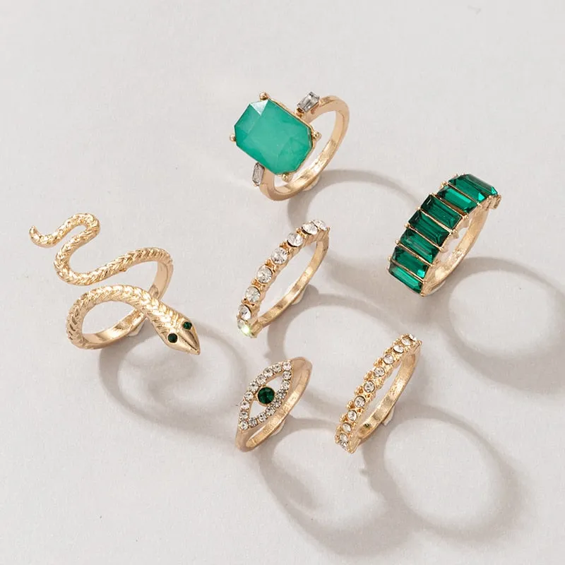 6pcs/sets Luxury Rhinestone Sanke Joint Ring Sets