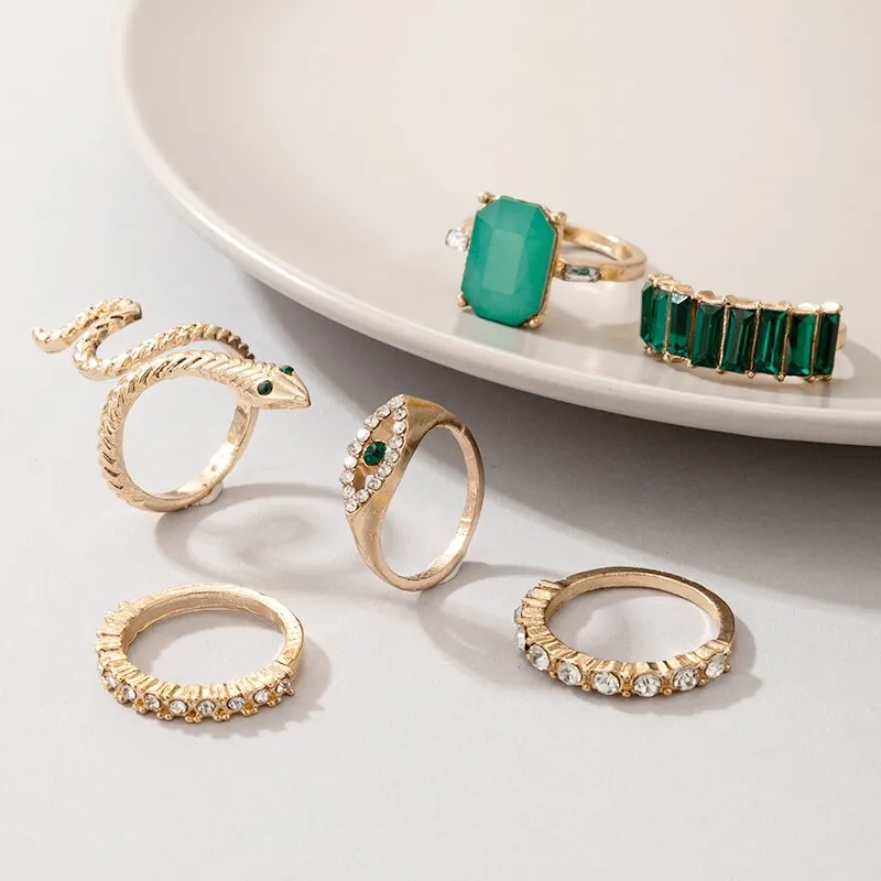 6pcs/sets Luxury Rhinestone Sanke Joint Ring Sets