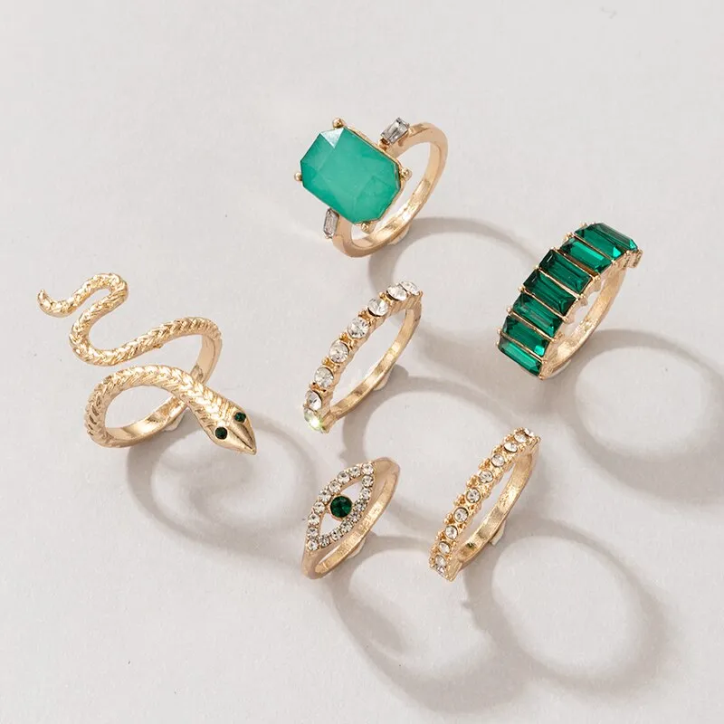 6pcs/sets Luxury Rhinestone Sanke Joint Ring Sets
