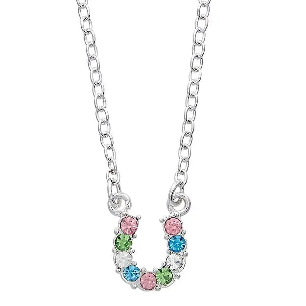 AWST Int'l Aqua Rhinestone Horseshoe Necklace w/Horse Head Gift Box