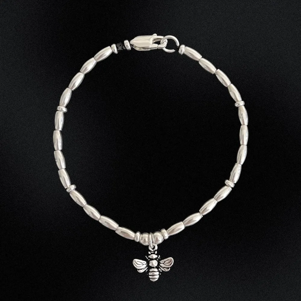 Bee Charm Sterling Silver Beaded Bracelet
