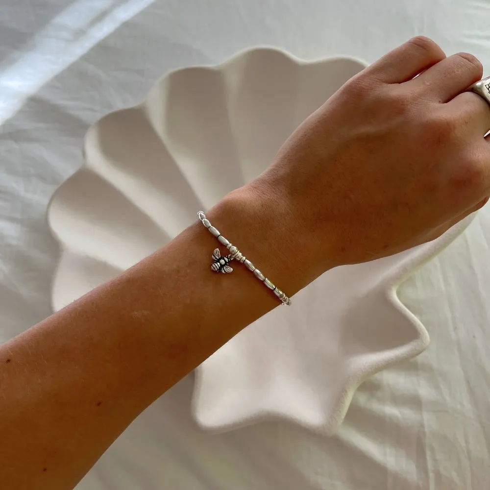 Bee Charm Sterling Silver Beaded Bracelet