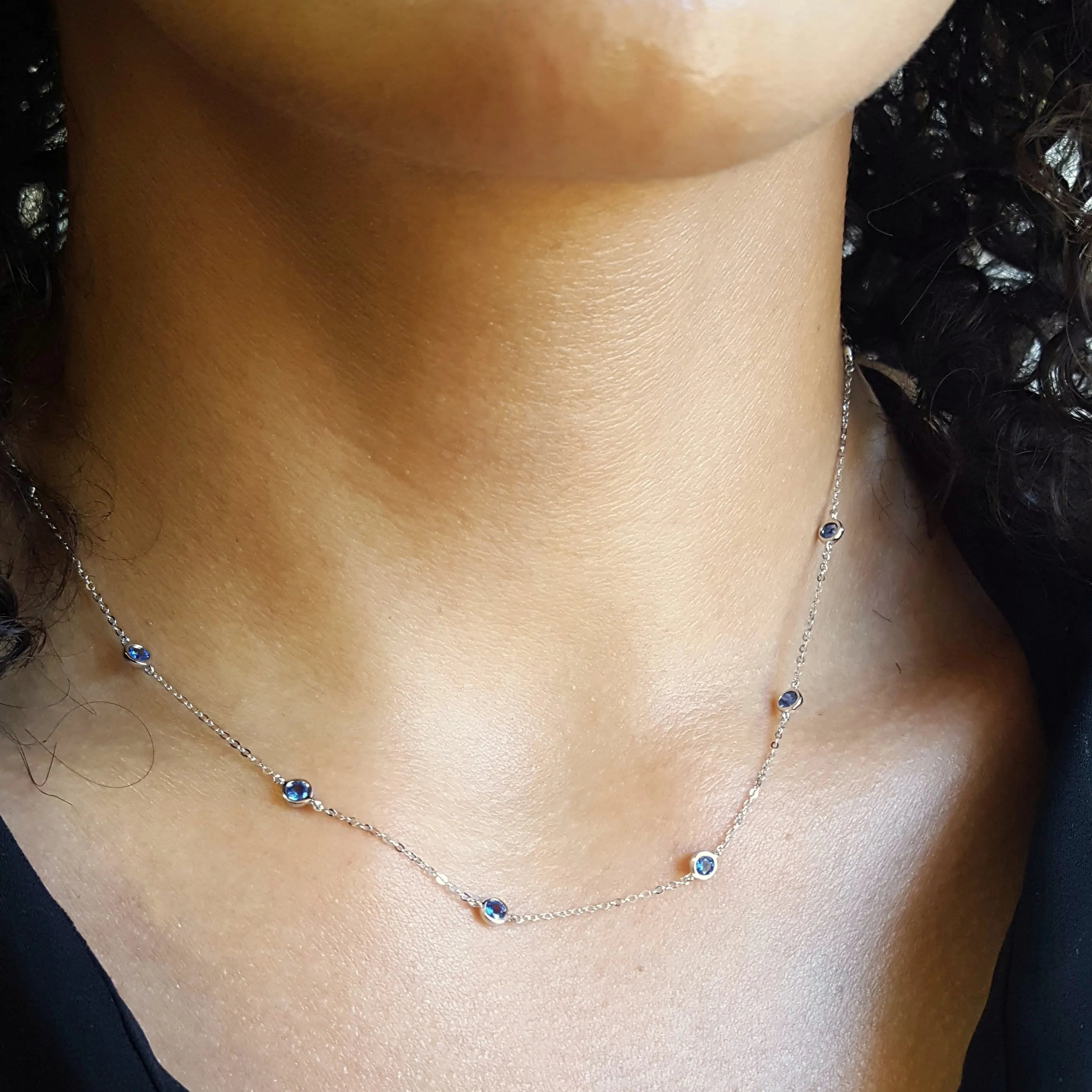 Blue Sapphire White Gold Station Necklace
