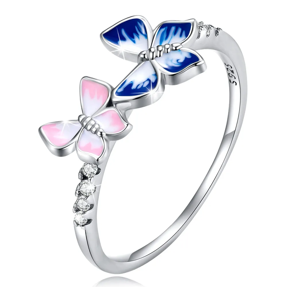 Boxed Solid 925 Signature Silver Twin Butterfly Ring and Charm Set
