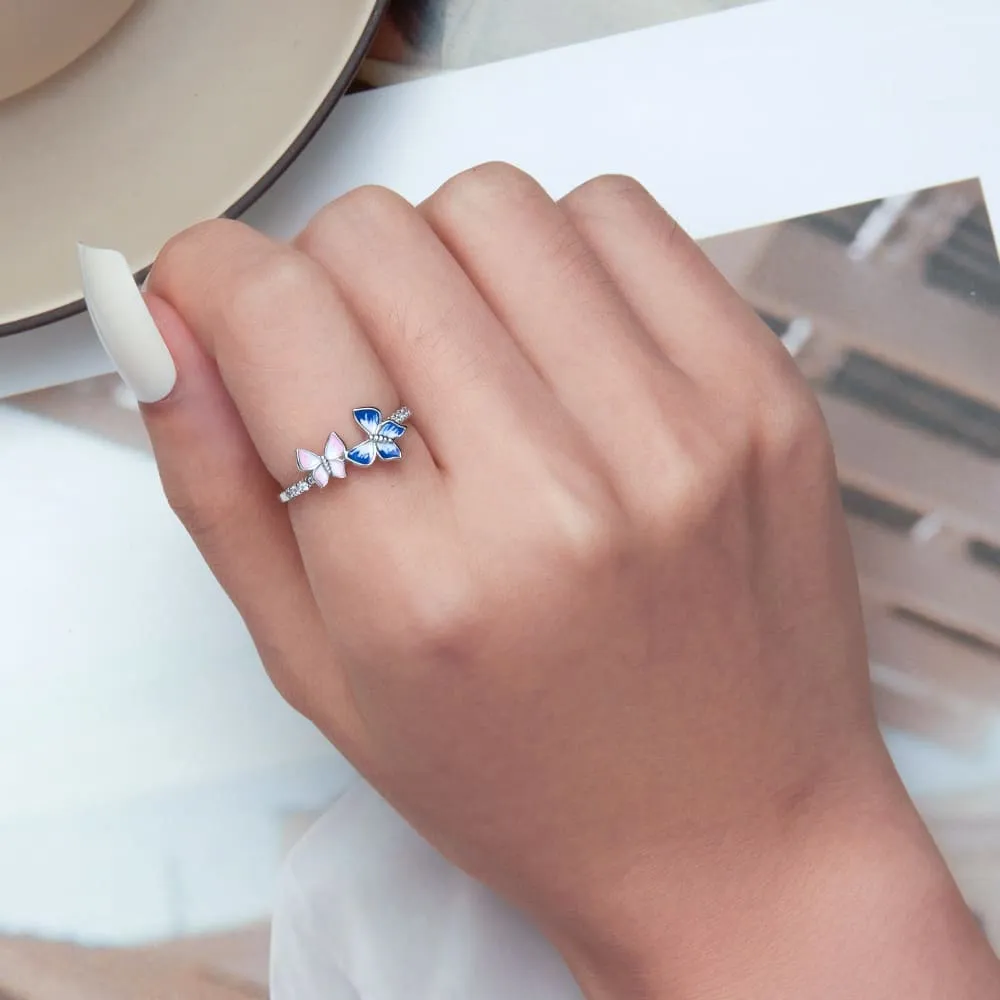 Boxed Solid 925 Signature Silver Twin Butterfly Ring and Charm Set