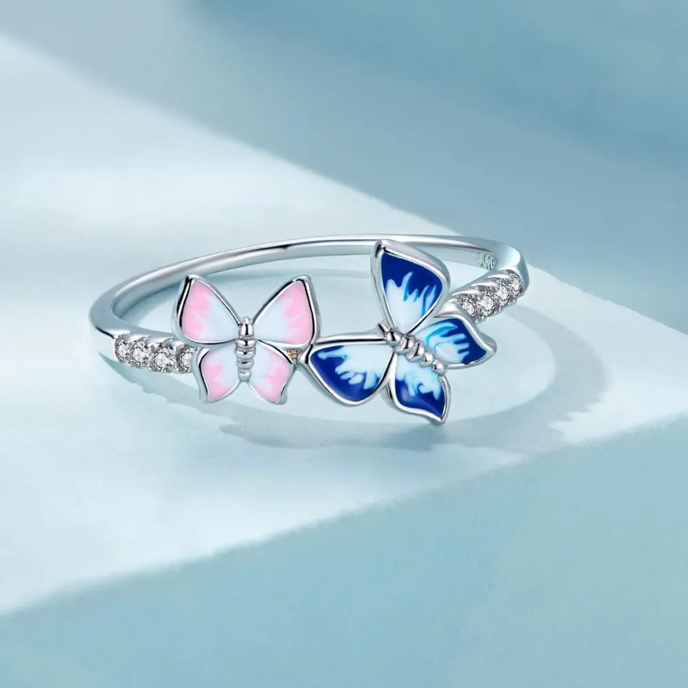 Boxed Solid 925 Signature Silver Twin Butterfly Ring and Charm Set