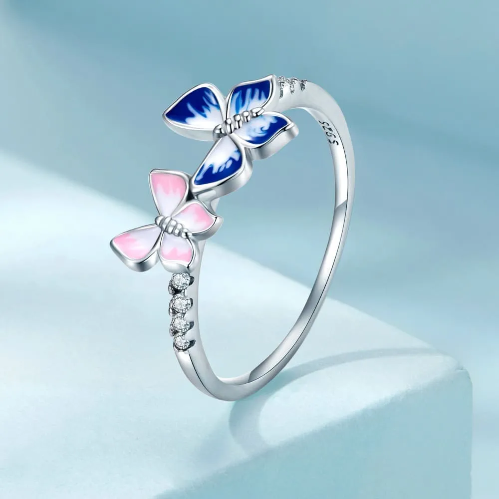 Boxed Solid 925 Signature Silver Twin Butterfly Ring and Charm Set
