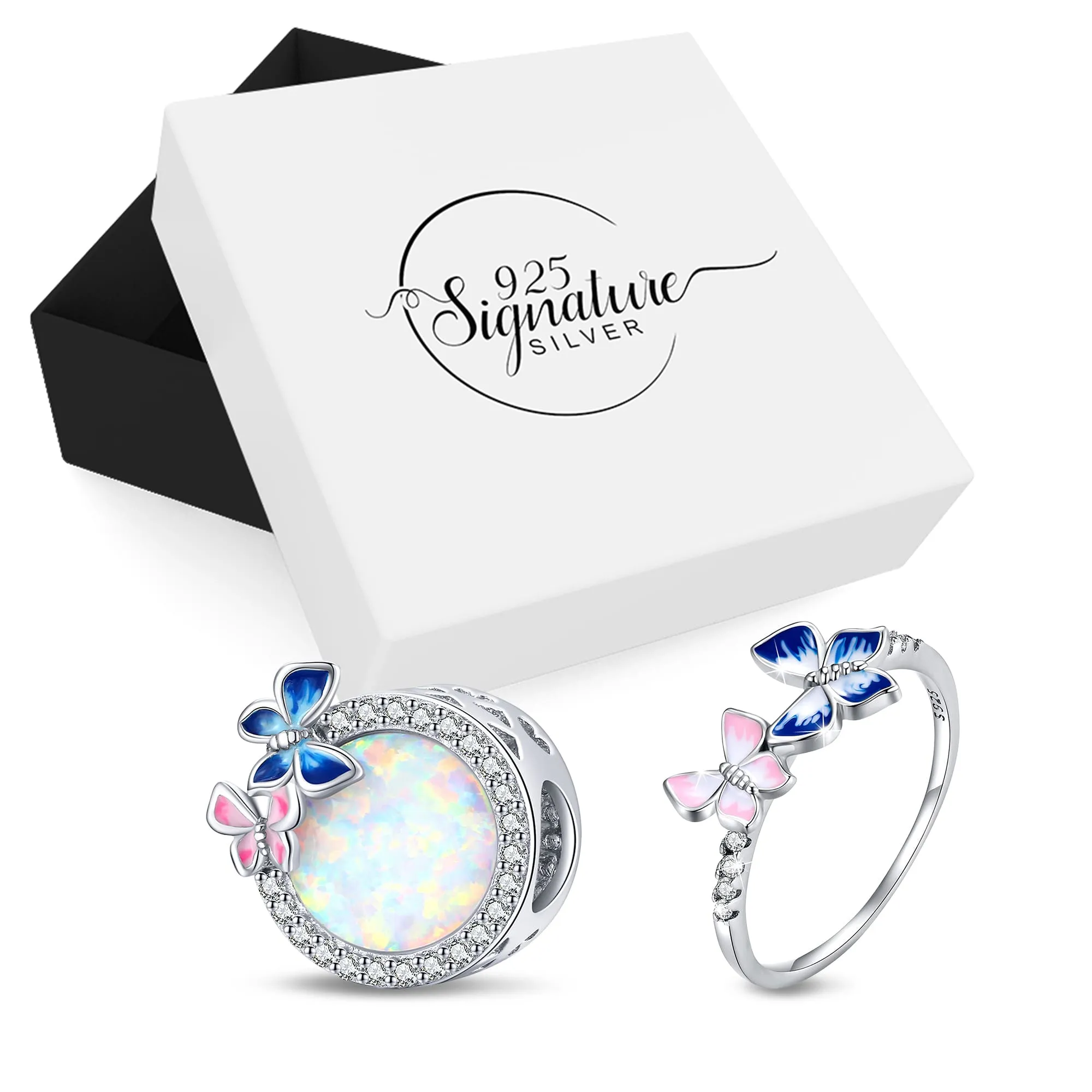 Boxed Solid 925 Signature Silver Twin Butterfly Ring and Charm Set