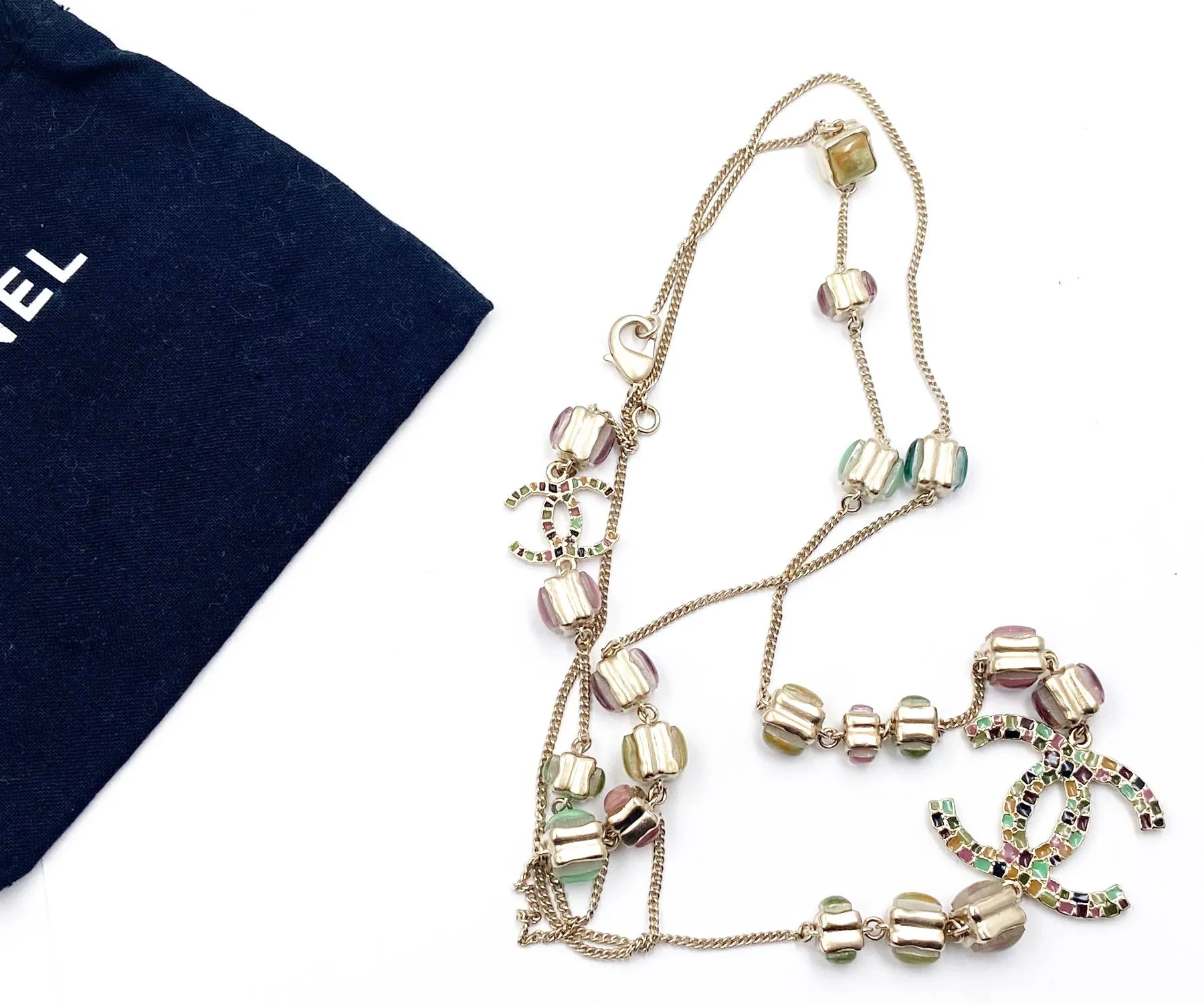 CHANEL Gold CC Colorful Mosaic Chain Necklace