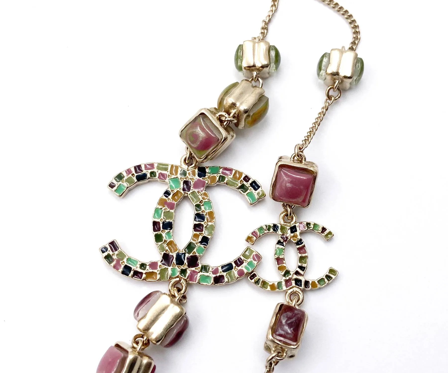 CHANEL Gold CC Colorful Mosaic Chain Necklace