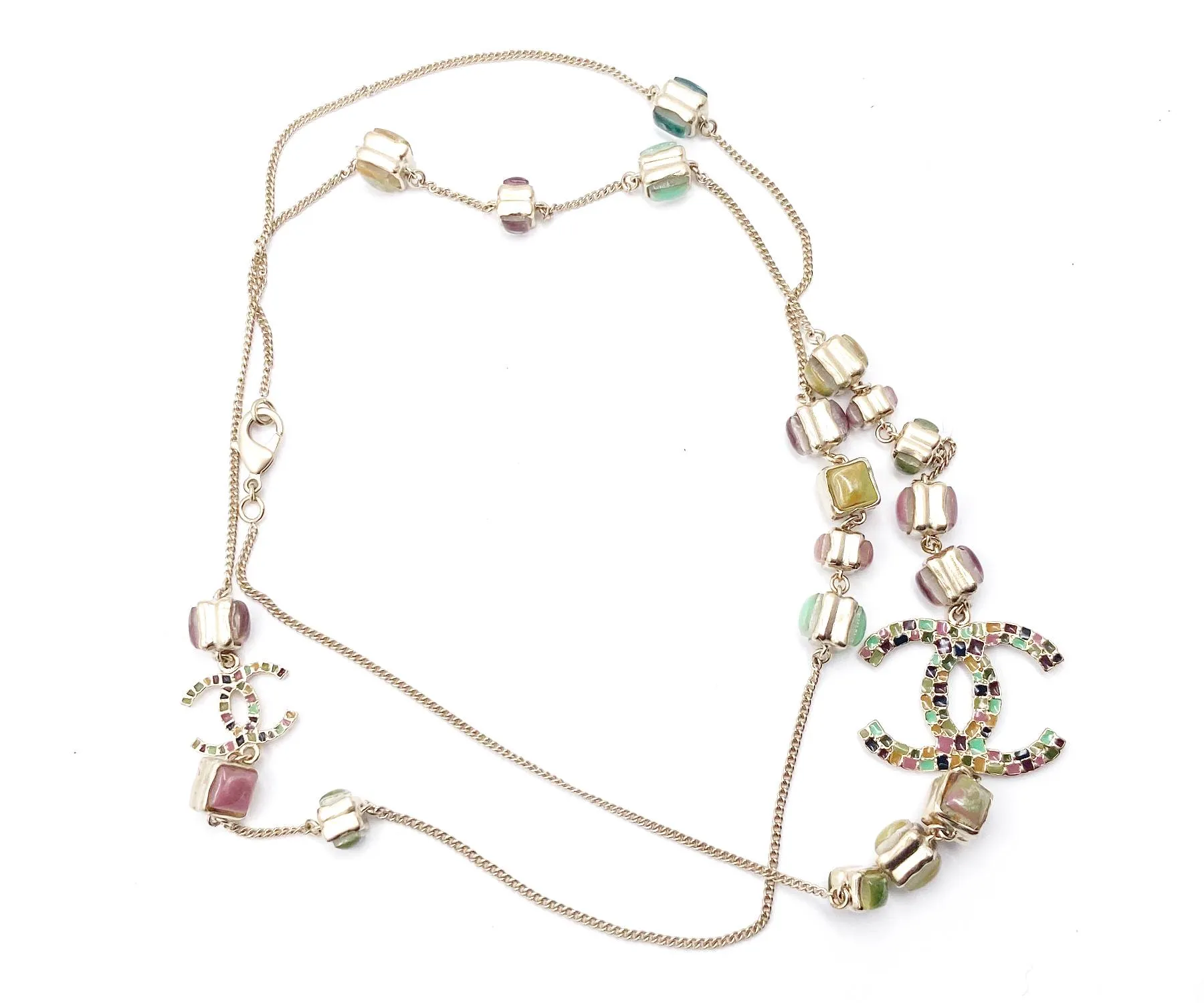 CHANEL Gold CC Colorful Mosaic Chain Necklace